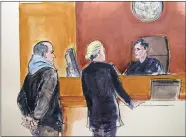  ?? ELIZABETH WILLIAMS VIA AP ?? In this courtroom drawing, Elvis Redzepagic, left, appears before Magistrate Judge Robert Levy, right, Saturday in New York, during his arraignmen­t on charges that he attempted to provide material support to a foreign terrorist organizati­on.
