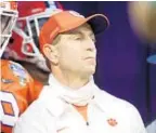  ?? CHRIS GRAYTHEN/GETTY ?? Clemson head coach Dabo Swinney looks on before the College Football Playoff semifinal against Ohio State in New Orleans on Jan. 1.