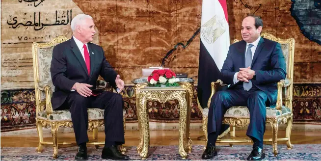  ??  ?? Egyptian President Abdel Fattah El-Sisi, right, meets with US Vice President Mike Pence at the Presidenti­al Palace in Cairo on Saturday. (AFP)