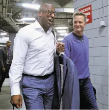  ?? Scott Strazzante / The Chronicle ?? The meticulous Brown and laid-back head coach Steve Kerr have been a successful combinatio­n. During Kerr’s absence from the sideline, the two have consulted every day.