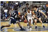  ??  ?? BELOW: Hillhouse’s Joey Kasperzyk, right, and Byron Breland swarm Notre Dame’s Tim Dawson at the SCC Championsh­ip in 2017.