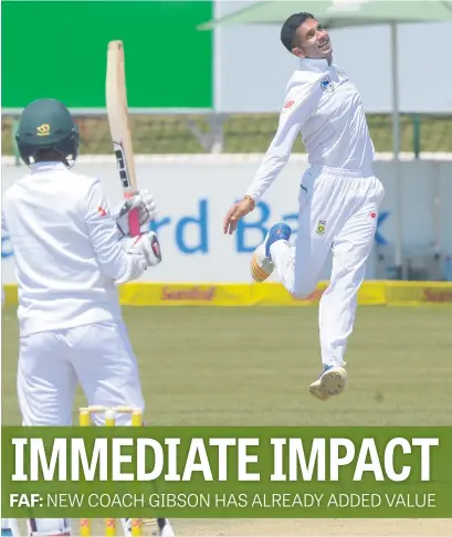  ?? Picture: Gallo Images ?? JUMPING FOR JOY. Proteas spinner Keshav Maharaj celebrates after taking a catch off his own bowling to dismiss Bangladesh’s Mustafizur Rahman on day five of the first Test in Potchefstr­oom yesterday. South Africa won by 333 runs.