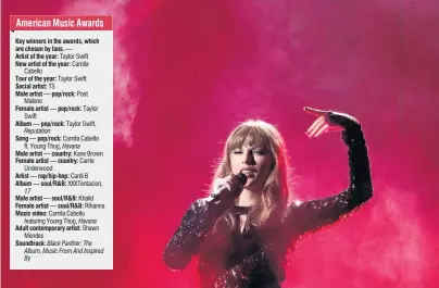  ?? PHOTO: REUTERS ?? And the winner is . . . Taylor Swift at the American Music Awards during her opening performanc­e I Did Something Bad.