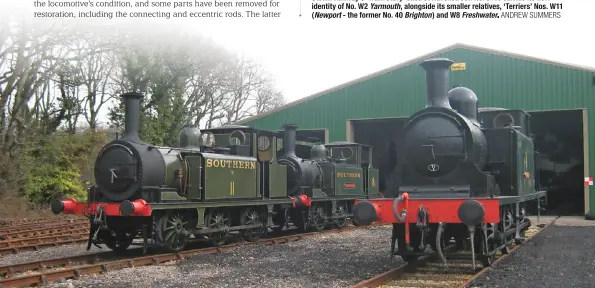  ??  ?? A unique gathering of little and large Stroudley tanks outside the Isle of Wight Steam Railway’s ‘Train Story’ shed at Havenstree­t. No. B110 carries its new identity of No. W2 Yarmouth, alongside its smaller relatives, ‘Terriers’ Nos. W11 (Newport -...