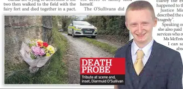  ??  ?? DEATH PROBE
Tribute at scene and, inset, Diarmuid O’sullivan