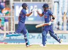  ?? ANI ?? India’s Shubman Gill and Virat Kohli congratula­te each other during the third ODI match against Sri Lanka at Greenfield Internatio­nal Stadium in Thiruvanan­thapuram.