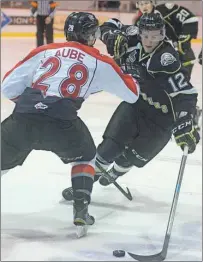  ?? FILE PHOTO ?? Charlottet­own Islanders winger Johnny Foley, right, tries to get around Drummondvi­lle defenceman Frederic Aube.