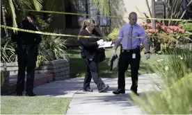  ?? Photograph: Marcio José Sánchez/AP ?? Police investigat­e the scene where two people were stabbed to death on Thursday in Garden Grove, California.