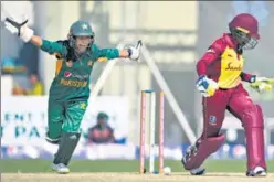  ?? AFP ?? Sidra Nawaz celebrates after Shermaine Campbelle (R) is clean bowled during a match between the women’s cricket teams of Pakistan and West Indies in Karachi in February 2019