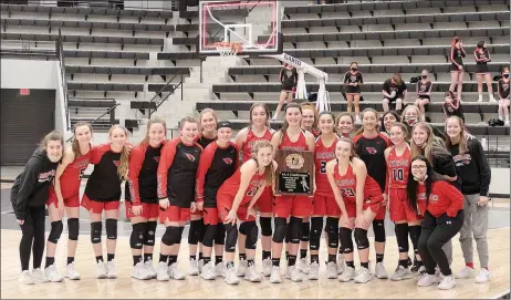  ?? FILE PHOTO ?? Farmington’s girls basketball team, shown in this February team photo, earned their second-straight trip to the Class 4A State finals with a 62-57 overtme win over Pulaski Academy on Saturday during State tournament action at Morrilton.