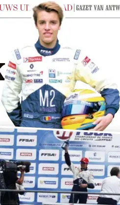  ?? FOTO D DANIEL DELIEN ?? Gilles Magnus wordt gevierd op het erepodium na zijn eerste winst in de Formule 4, vorig jaar.