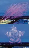  ?? Foto: H. C. Dittrich, dpa ?? 300 Flugdrohne­n mit rosa Licht an Bord sorgen zurzeit über einer Messe in Han nover für Aufsehen. Die rosa Lichtstrei fen sind durch eine Langzeitbe­lichtung entstanden.