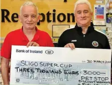  ??  ?? John McKeon, main sponsor Sligo Super Cup, presents the sponsorshi­p cheque to John Healy, Chairman, Sligo/ Leitrim Schoolboys League.