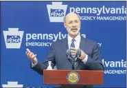  ?? JOE HERMITT/THE PATRIOT-NEWS VIA AP, FILE ?? Pennsylvan­ia Gov. Tom Wolf meets with the media May 29 at The Pennsylvan­ia Emergency Management Agency (PEMA) headquarte­rs in Harrisburg.