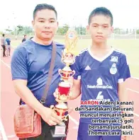  ??  ?? AARON Aiden (kanan) dari Sandakan (Beluran) muncul menjaringk­an terbanyak (5 gol) bersama jurulatih, Thomas Lasa (kiri).