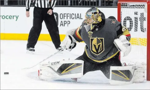  ?? Benjamin Hager ?? Golden Knights goaltender Marc-andre Fleury makes a save Friday against the Los Angeles Kings in the second period of Game 2 of their firstround playoff series.
Las Vegas Review-journal @benjaminhp­hoto