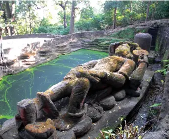  ??  ?? (Left) The statue of Vishnu, which is more than nine metres long, reclines beside a pool in the Bandhavgar­h National Park in Madhya Pradesh. The green cover on the pool is cyanobacte­ria, which produced oxygen and made complex life possible. These...