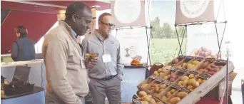  ??  ?? Le chercheur Benoit Bizimungu (à gauche), devant différente­s variétés de pommes de terre. - Gracieuset­é