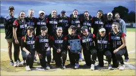  ?? AUSTIN HERTZOG - MEDIANEWS GROUP ?? Top, teammates celebrate with pitcher Ella Hurter as she raises the PAC championsh­ip plaque after Boyertown’s title game win over Upper Perkiomen Wednesday at Boyertown. Above, the Boyertown softball team poses with the PAC championsh­ip plaque after winning the final over Upper Perkiomen.