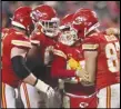  ?? Associated Press ?? Chiefs quarterbac­k Patrick Mahomes (15) is helped by teammates after a play against the Jacksonvil­le Jaguars during the second, Saturday, in Kansas City, Mo.