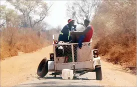  ??  ?? Two men sit in a broken down trailer parked in the middle of the road with no warning signs, in the Mguza area of Umguza District recently