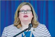  ?? SUSAN WALSH/AP PHOTO ?? General Services Administra­tion Administra­tor Emily Murphy speaks June 21, 2019, during a ribbon-cutting ceremony for the Department of Homeland Security’s St. Elizabeths Campus Center Building in Washington.