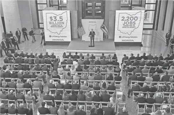  ?? BARBARA PERENIC/COLUMBUS DISPATCH ?? In October 2022, Honda announced a $3.5 billion battery plant in Fayette County near U.S. 35 and I-71. It’s a joint venture with South Korean company LG Energy. Also, Honda will invest $700 million to retool three factories in Ohio to make electric vehicles and components for EVS.