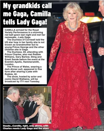  ?? Pictures: HANNAH McKAY/PA ?? Dazzle...Camilla, right, and, above, with Charles meets Lady Gaga and the stars