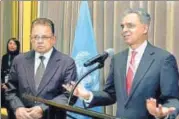  ?? PTI FILE ?? Dalveer Bhandari (left) with India's Permanent Representa­tive to the UN Syed Akbaruddin in New York on Monday.