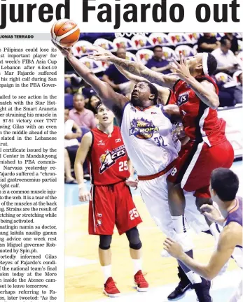  ??  ?? TNT import Michael Craig finds the driving lane tightly guarded by Calvin Abueva of Alaska in their PBA game last night at the Smart Araneta Coliseum. TNT won, 107-106. (PBA Images)