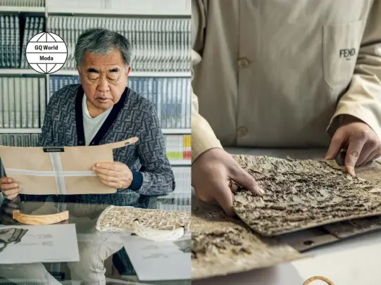  ?? ?? In alto: Kengo Kuma al lavoro nel suo studio e la borsa Peekaboo, parte della collezione