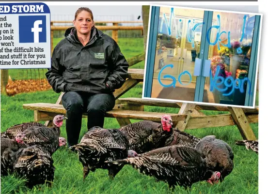  ??  ?? Facing abuse: Farm shop general manager Claire Hibbert with some of her turkeys. Inset: Graffiti at the shop yesterday