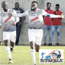  ?? IAN ALLEN ?? Ricardo Morris (right) of Portmore United celebrates with teammate Javon East after he scored against Mount Pleasant Academy in their Red Stripe Premier League match at the Spanish Town Prison Oval on Sunday.