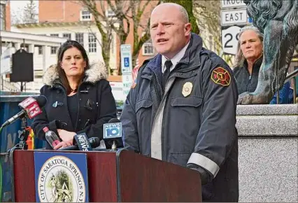  ?? Lori Van Buren / Times Union ?? Saratoga Springs Fire Chief Joseph Dolan, along with other city officials, speaks at Saratoga Springs City Hall in 2020. A firefighte­rs union issued a no-confidence vote in the chief.