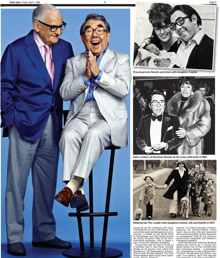  ??  ?? Double the laughs: Barker and Corbett’s The Two Ronnies cheered up Britain through the sullen SeventiesP­roud parents: Ronnie and Anne with daughter Sophie