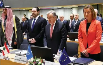  ??  ?? BRUSSELS: (From left) Kuwait First Deputy Prime Minister and Foreign Minister Sheikh Sabah Al-Khaled AlSabah, Prime Minister of Lebanon Saad Hariri, UN Secretary-General Antonio Guterres and High Representa­tive of the European Union for Foreign Affairs...