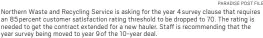  ?? PARADISE POST FILE ?? Northern Waste and Recycling Service is asking for the year 4survey clause that requires an 85percent customer satisfacti­on rating threshold to be dropped to 70. The rating is needed to get the contract extended for a new hauler. Staff is recommendi­ng that the year survey being moved to year 9of the 10-year deal.