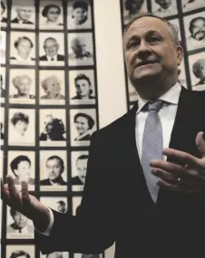  ?? AP PHOTO/MICHAL DYJUK ?? U.S. Second Gentleman, Douglas Emhoff, speaks to the press as he visits to the Oskar Schindler Enamel Factory Museum in Krakow, Poland, on Saturday.