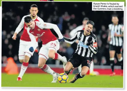  ??  ?? Ayoze Perez is fouled by Granit Xhaka, which earned the Gunners man a booking