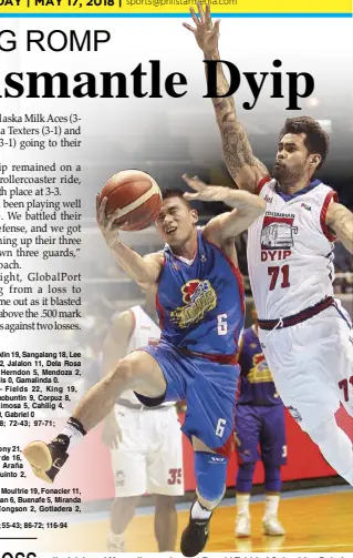  ?? JUN MENDOZA ?? Jio Jalalon of Magnolia sneaks past Ronald Tubid of Columbian Dyip for an easy layup during their match in the PBA Commission­er’s Cup at the Smart Araneta Coliseum last night.