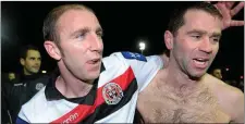  ?? Pic: David Maher/Sportsfile ?? Mulcahy, then of Bohemians, celebrates with Owen Heary after a 1-0 defeat by Drogheda at United Park in 2013, a result that was good enough to ensure that Bohs stayed up.