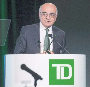  ?? PETER MCCABE THE CANADIAN PRESS FILE PHOTO ?? CEO Bharat Masrani says TD Bank is interested in acquisitio­ns to drive growth in the U. S.