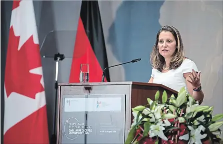  ?? BERND VON JUTRCZENKA THE ASSOCIATED PRESS ?? Canadian Foreign Minister Chrystia Freeland will cut short a diplomatic trip to Europe to join the U.S. and Mexico in trade discussion­s on Tuesday.