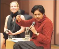  ?? Tyler Sizemore / Hearst Connecticu­t Media file photo ?? Former PepsiCo CEO and Chairman Indra Nooyi, right, speaks with then-state Sen. Alex Kasser during a Community Conversati­on event at the Greenwich Library in 2019.