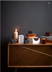  ??  ?? 31 Kingdom candle, $47.90, from Good Thing. Series matte black dinner plate, $12.95, from Freedom. Rose gold 16-piece cutlery set, $19, from Kmart. Tinsel, $2 a strand, from Look Sharp. 2 Walnut wishbone chair, $329, from Me &amp; My Trend. 3 Vela large hurricane lamp, $89.90, from Country Road. Ventura low sideboard in walnut, $1995, from Me &amp; My Trend. 4 Plastic baubles, $5.99 for 6, from Spotlight. Wall and surface painted in Resene ‘Gumboot’. All other items stylist’s own.