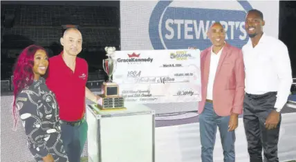  ?? (Photo: Karl Mclarty) ?? Olympians Shelly-ann Fraser-pryce (left) and Hansle Parchment (right) pose with Gracekenne­dy
Group Chief Executive Officer Don Wehby (second left) and ISSA President Keith Wellington during the launch of the Issa/gracekenne­dy Boys’ and Girls’ Athletics Championsh­ips at the National Stadium on Wednesday.