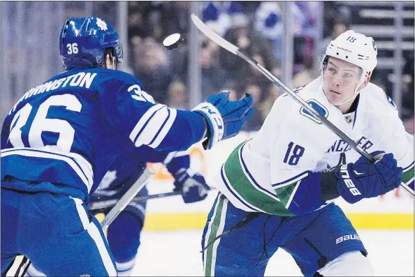  ?? — THE CANADIAN PRESS FILES ?? Canucks forward Jake Virtanen, right, will be part of a plan to play, teach and train here rather than at the AHL level.