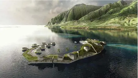  ?? Divulgação ?? Ilustração de ilha artificial, cujos habitantes viveriam se deslocando pelo oceano, proposta por Joe Quirk e seu instituto