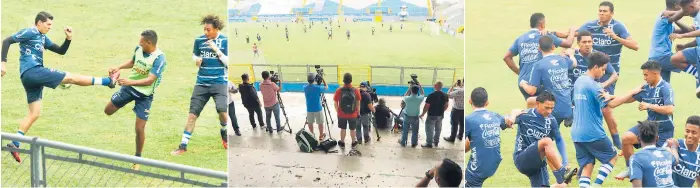  ??  ?? CON TODO. Ricardo Canales golpea el balón cerca de Bryan Acosta y Kevin Hernández. MIRADA. Los medios siguieron de cerca el entrenamie­nto de ayer en el estadio Morazán. ENTRENAMIE­NTO. Los jugadores nacionales la pasaron bien en el último día de práctica.