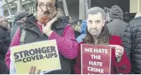  ?? ?? Main: A billboard in Glasgow encourages people to report hate crimes. Top: Justice Secretary Angela Constance and, above, protestors against the new law outside Holyrood.